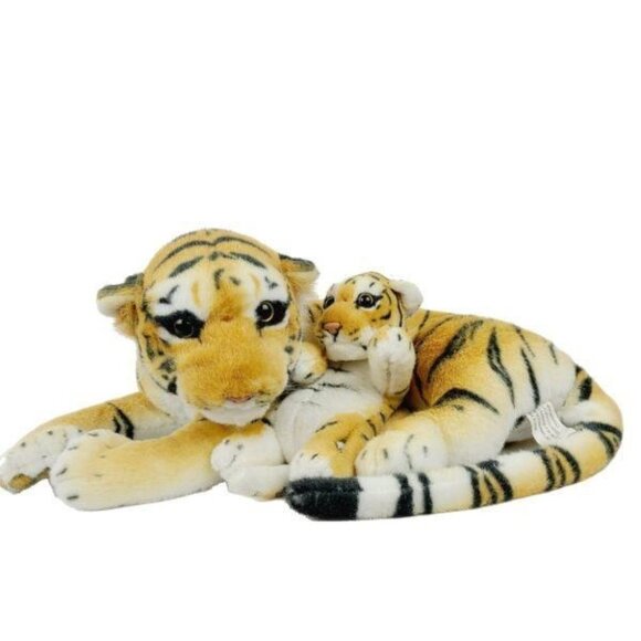 Bengal Tiger with Cub Plush Large Realistic Mom Baby Lying Down Stuffed Animal - Picture 1 of 8